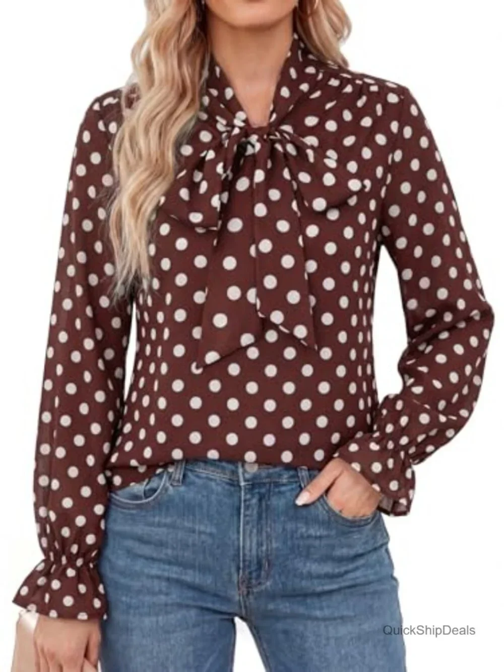 Long Sleeve Bow Tie Neck Chiffon Blouse Polka Dot Business Casual Top